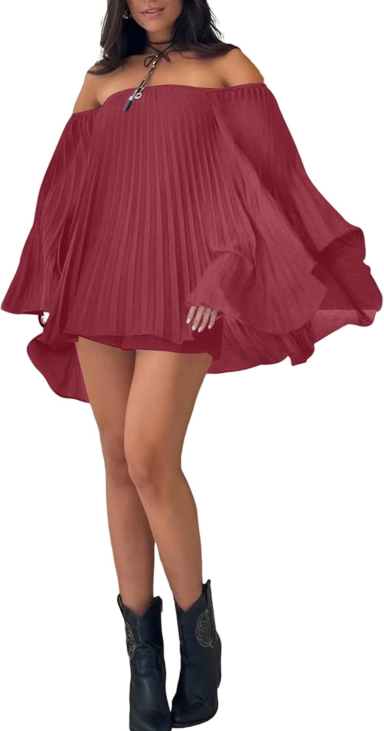 Ophestin Women's 2 Piece Pleated Outfits Off Shoulder Oversized 3/4 Cape Sleeve Shirt Shorts Set for Beach Vacation