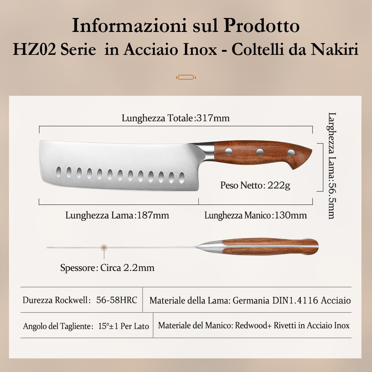 HEZHEN Acciaio Inox Coltelli Usuba e Nakiri, Stile Giapponese Coltello da Cuoco Cinese Professionale，Mannaie per Carne Verdure, Manico in Redwood