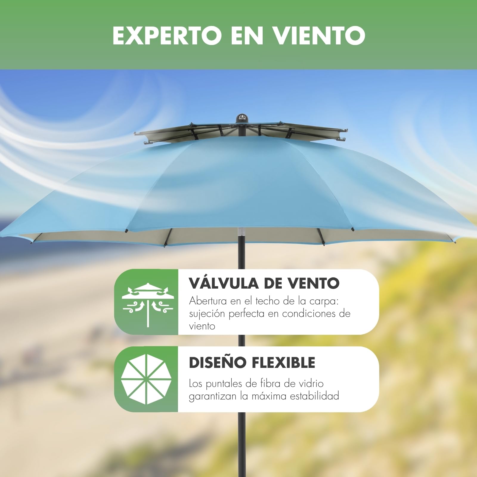 derby Sombrilla de 200 cm, sombrilla para playa, balcón y terraza, altura regulable, con protección UV, parasol plegable, para playa y piscina al aire libre