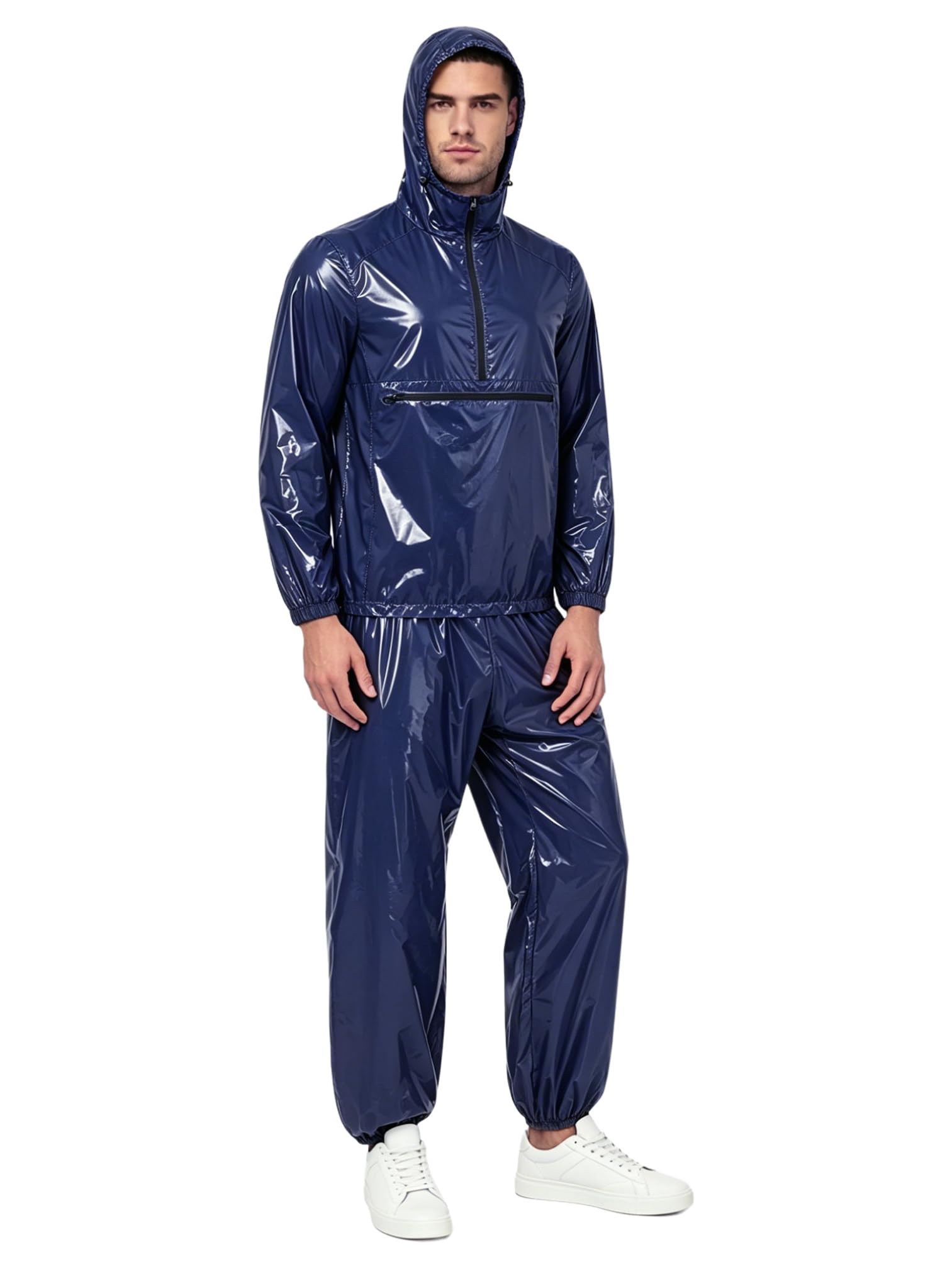 Agoky Herren Metallic Trainingsanzug Lack Leder Sportanzug Jogginganzug Langarm Sweatshirt mit Kapuze Reißverschluss + Sport Hose Jogger Pants Clubwear