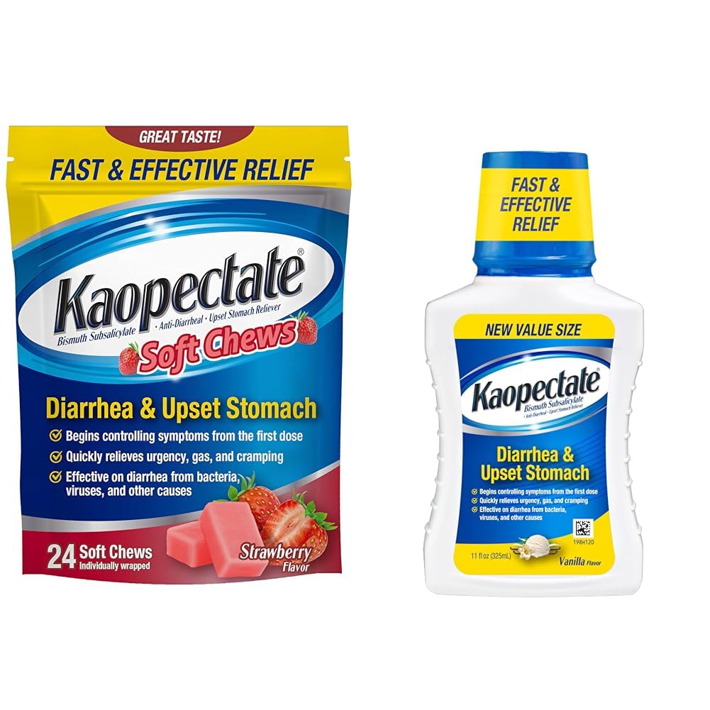 Anti-Diarrheal Soft Chews 24 Count and Upset Stomach Relief Liquid 11 Fl Oz