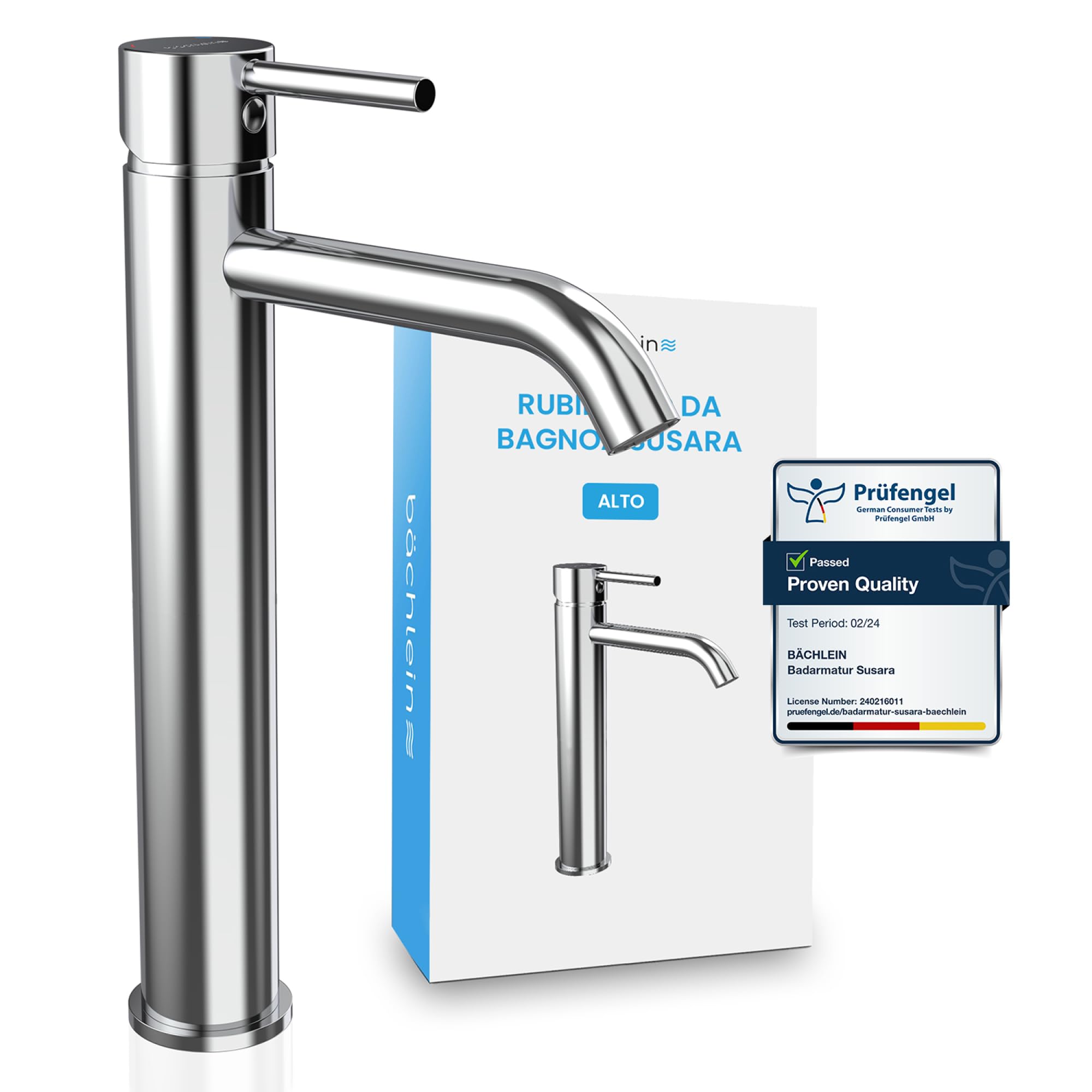 Bächlein - Miscelatore per bagno Susara alto con erogatore curvo, monocomando di design extra alto per lavabo da appoggio con cartuccia in ceramica duratura e set di montaggio, rubinetto per bagno