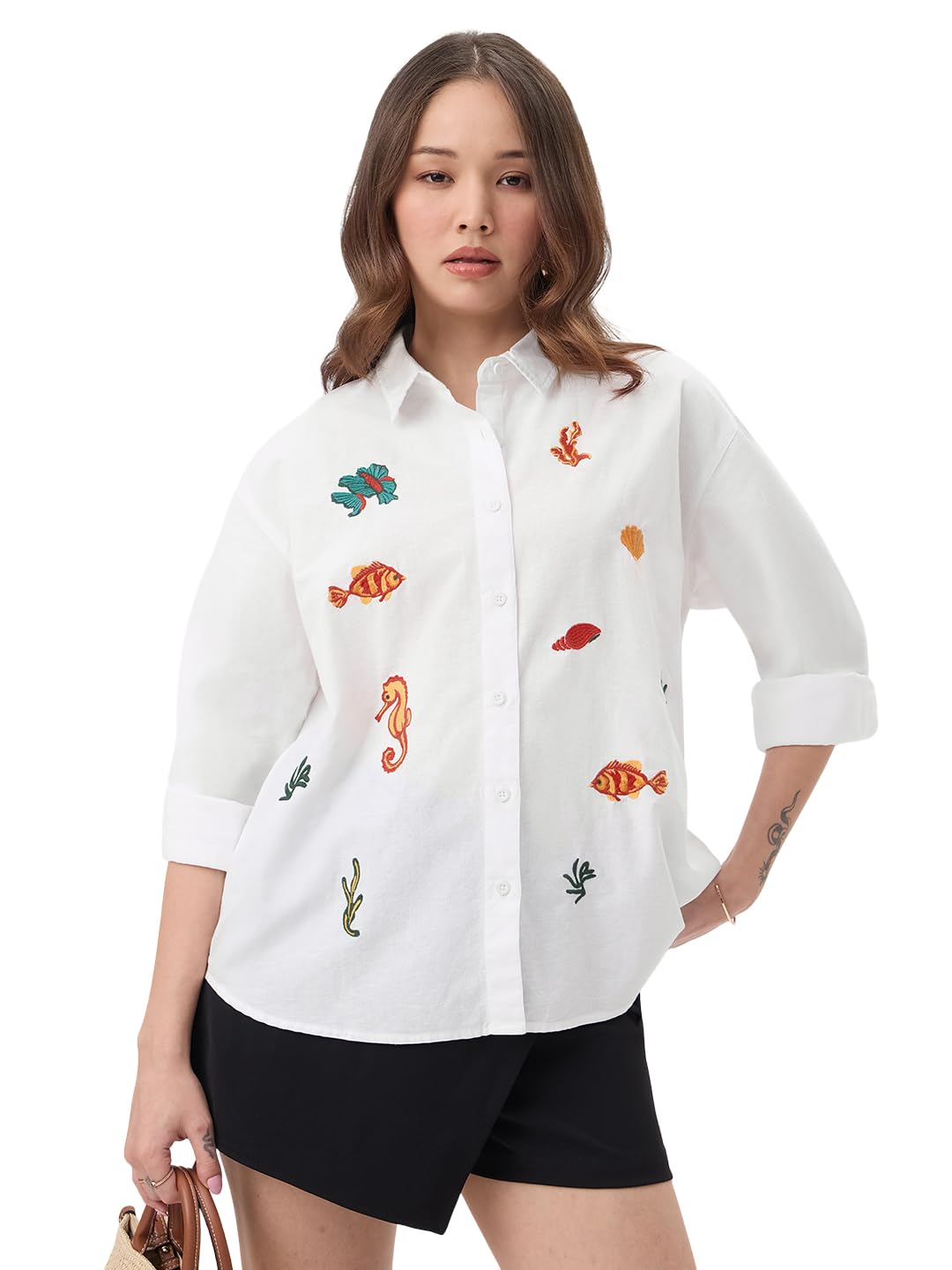 The Souled Store Camicia in cotone e lino: Sea-Life da donna e ragazza, maniche lunghe, colletto spalmato sul davanti, con bottoni sul davanti, vestibilità oversize, leggera, estiva, casual