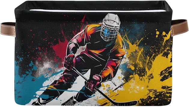 Storage Basket Watercolor Hockey Player Durable Canvas Collapsible Toy Box Organizer Bin with Handles for Shelf Closet Bedroom Home Office