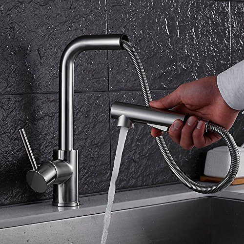 Grifo de la cocina acabados de níquel de la grúa latón fregadero de cocina Pull Out grifo de la cocina, fregadero grifo mezclador con la extracción en Cabeza de ducha