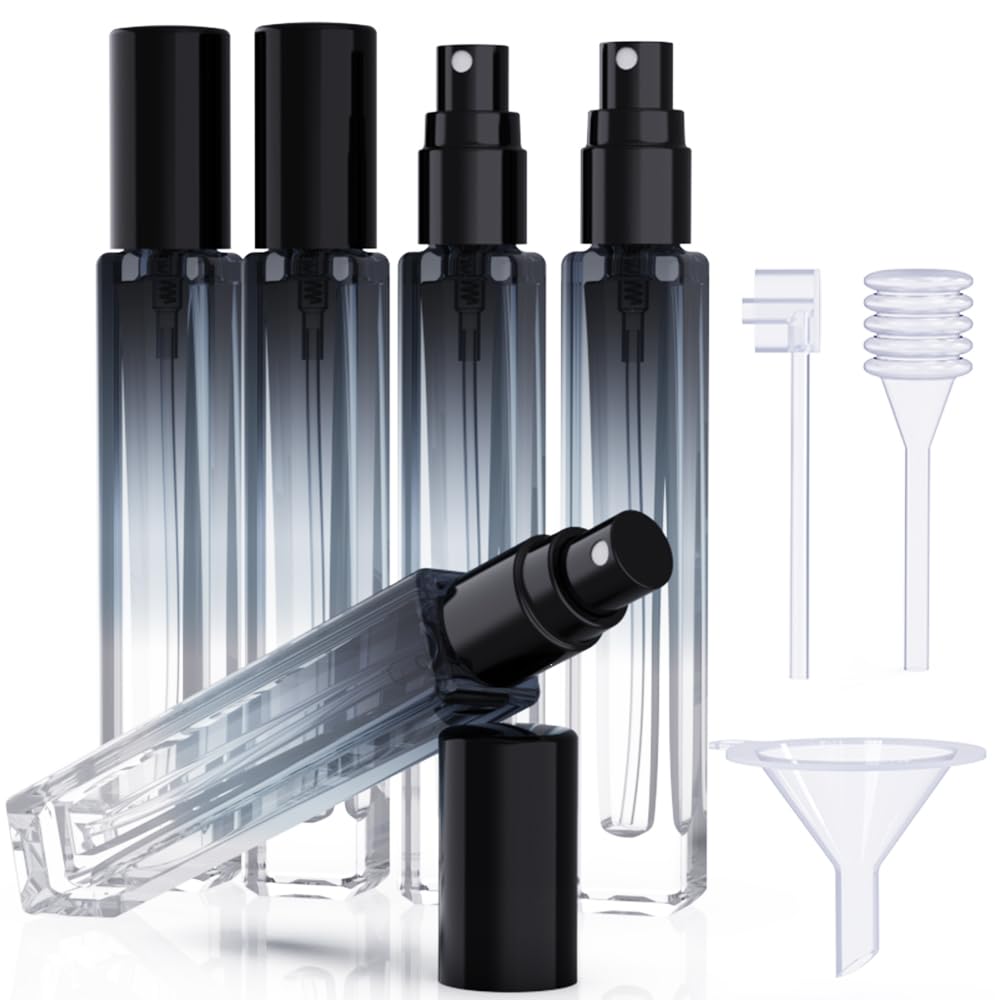 5PCS Cologne Atomizer Empty, 10ML Mini Perfume Bottles Refillable With Dispenser Tools, Pocket Spray Bottle for Travel and Sample Container (Gradient+Black Cap)
