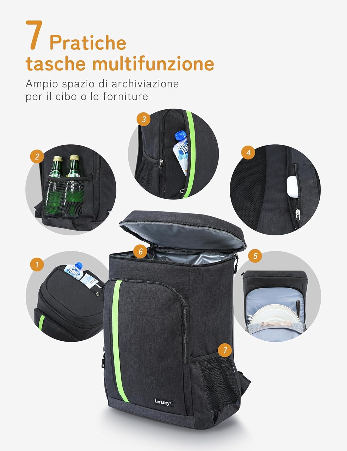 Besrey Zaino Termico 30 Litri Borsa Termica Mantiene Cibi Caldi o Freddi Nero