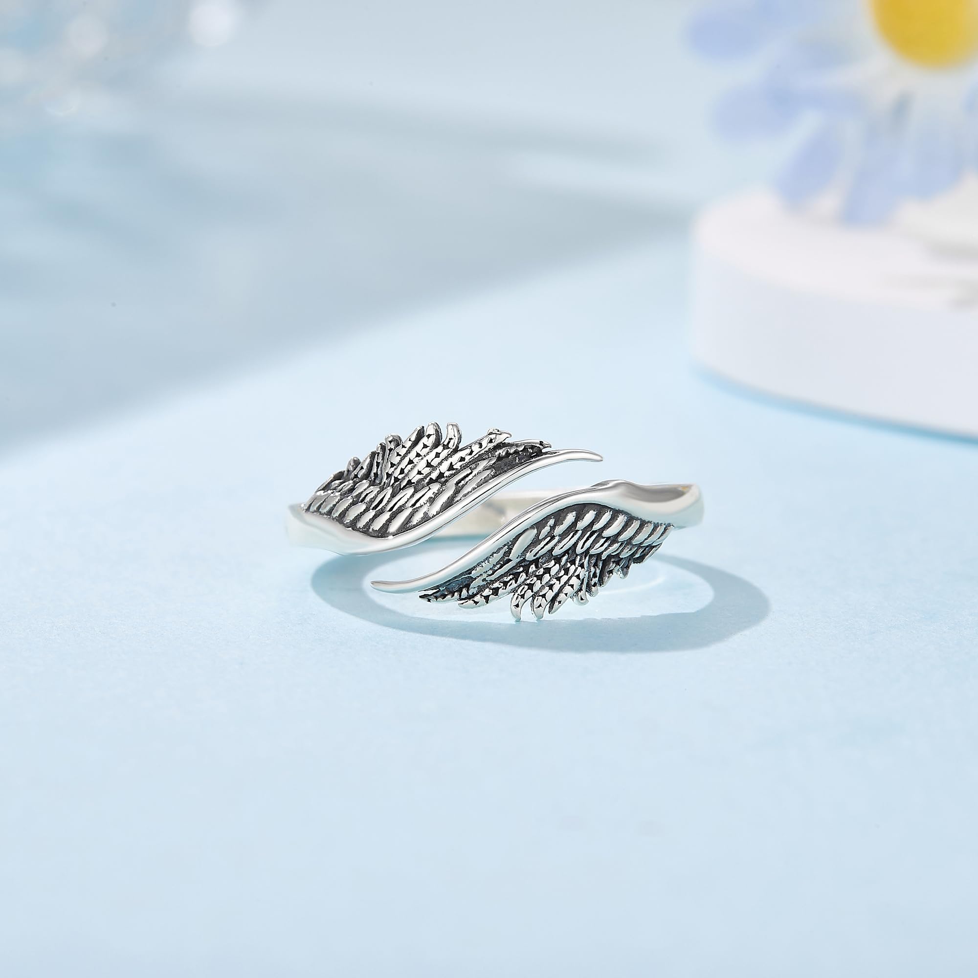 DAYLINLOVE Engelsflügel Ring 925er Sterling Silber Feder Engelsflügel Verstellbarer Offener Daumen Ring Engel Christlicher Religiöser Jahrestag Schmuck Geschenke Damen Mädchen