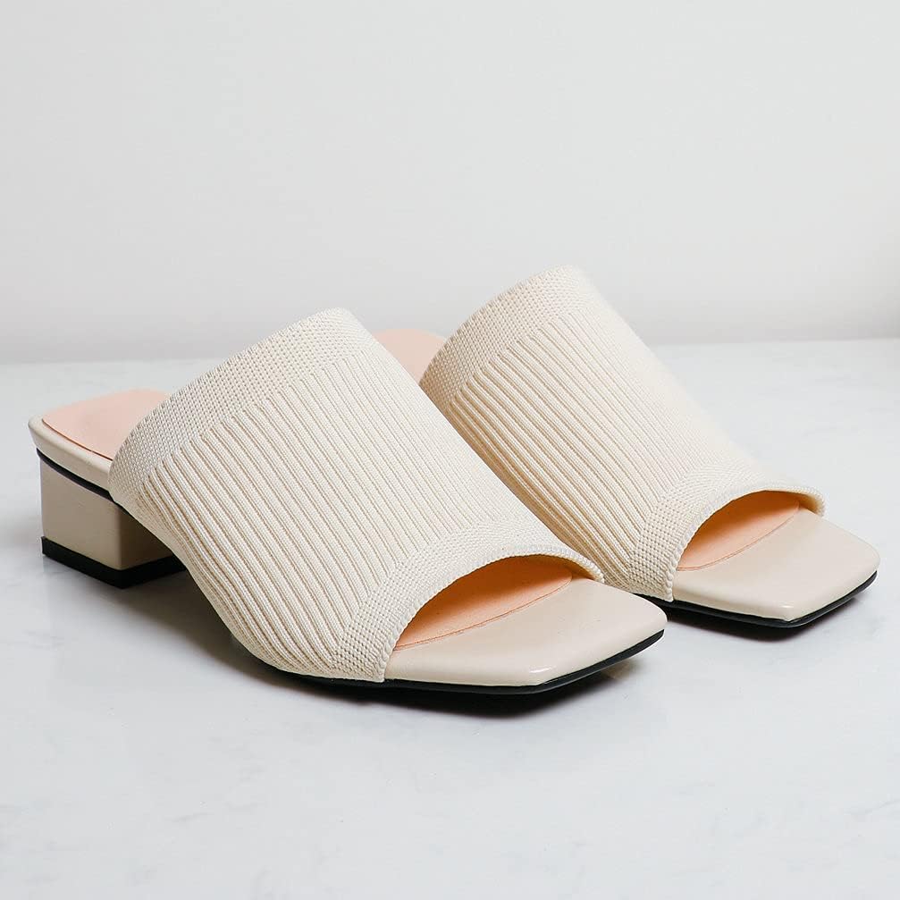 Amazon.com | KOKOMOMO Womens Mesh Stretch Knit Square Toe Mules Chunky  Heeled Slide Sandals,Size 4 Beige | Mules u0026 Clogs