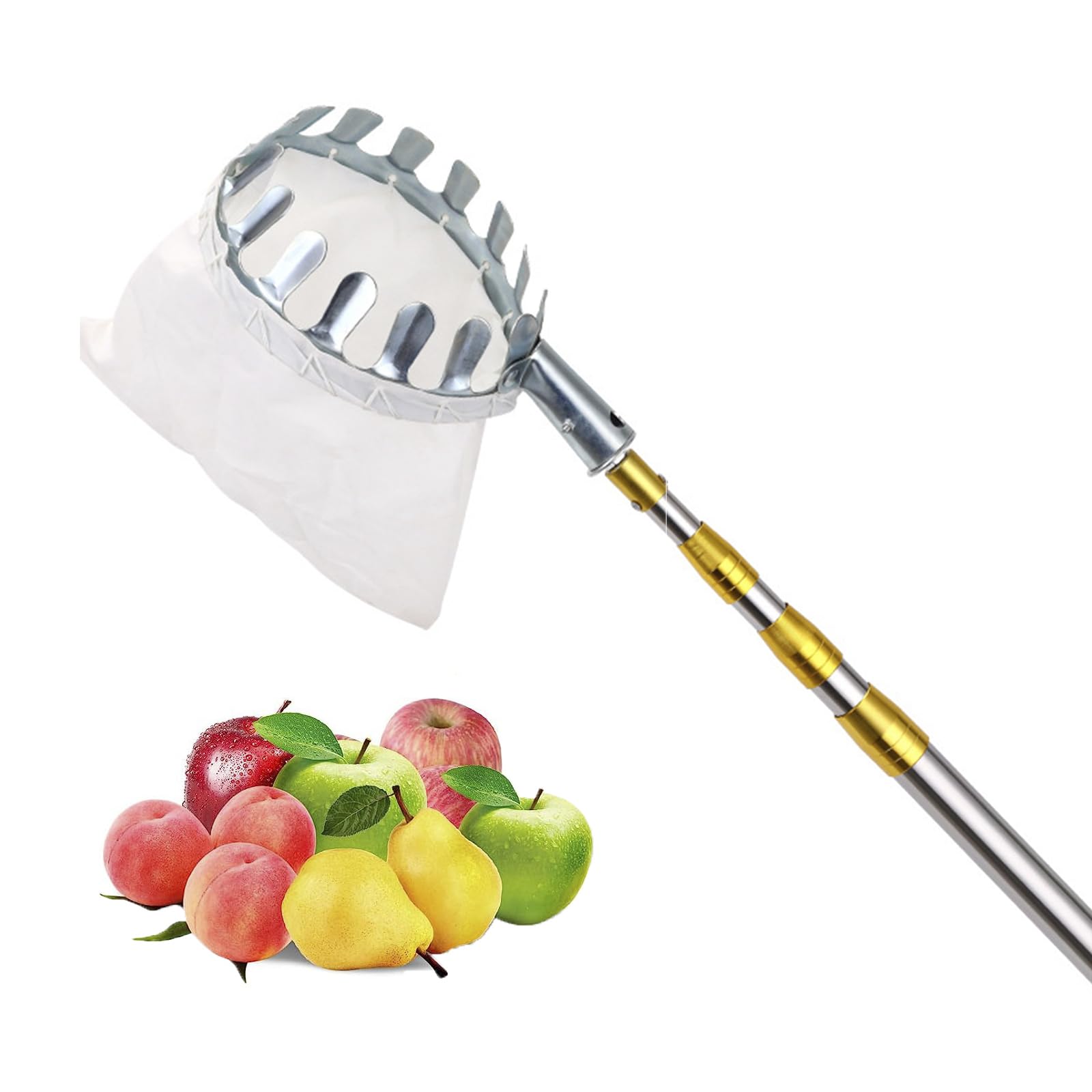 Cueilleur de fruits, cueilleur de pommes, perche télescopique avec sac de transport de fruits, attrape-fruits robuste et léger en acier inoxydable pour avocats, mangues, poires, oranges, citronniers