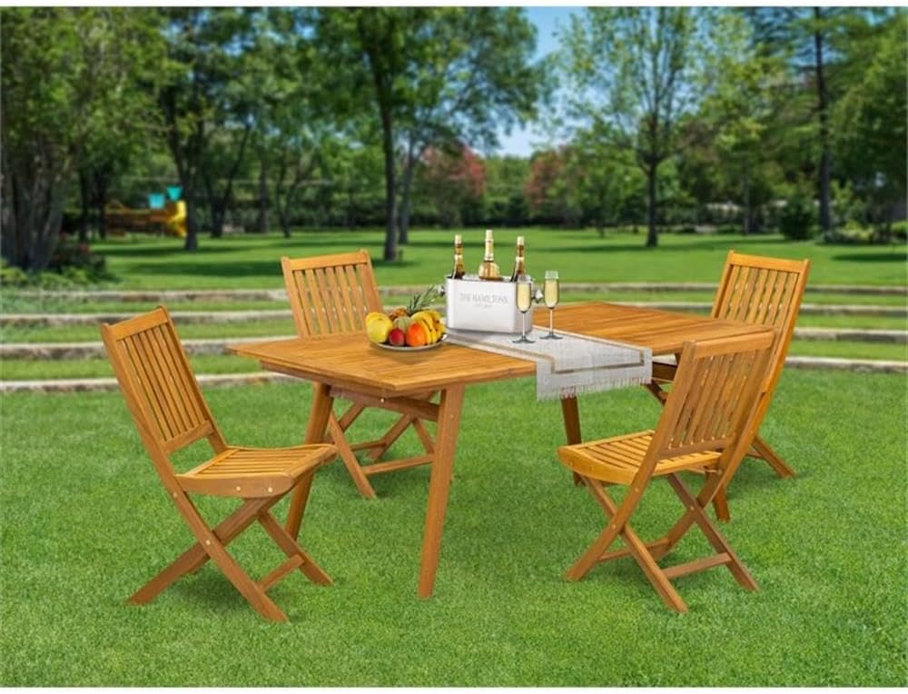 Pemberly Row Traditional Wood Patio Dining Set, 5-Piece, Natural Oil Finish, Includes Rectangular Table and 4 Folding Chairs, Durable Rubber Wood Construction, Outdoor Lawn Seating and Dining Solution