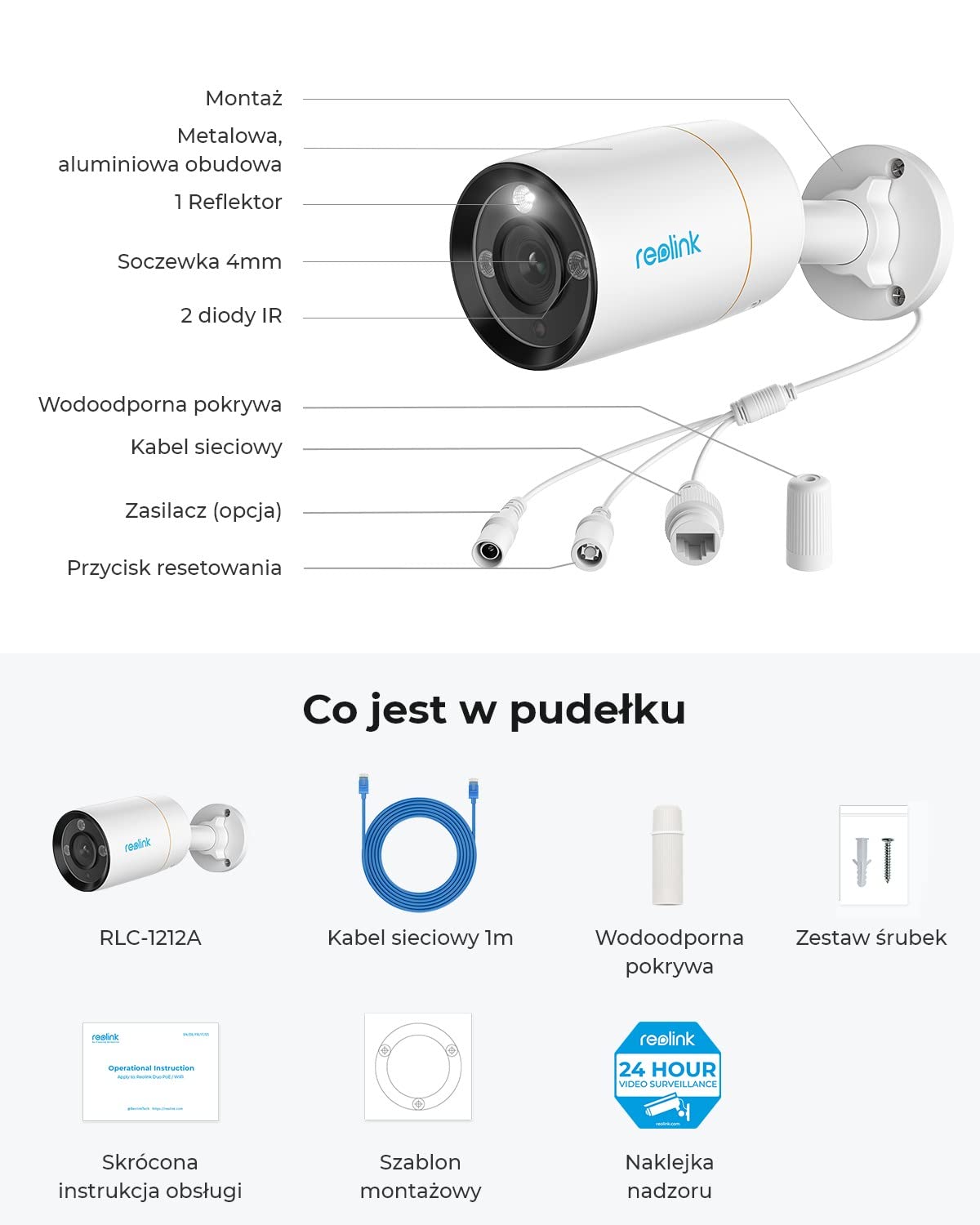 Reolink Kamera Bezpieczeństwa 12MP PoE, Oświetlenie Punktowe, Wykrywanie Ludzi/Pojazdów, Noktowizja w Kolorze, Dwukierunkowy Dźwięk, Alerty o Ruchu, Funkcja Poklatkowa, Gniazdo Kart microSD, RLC-1212A