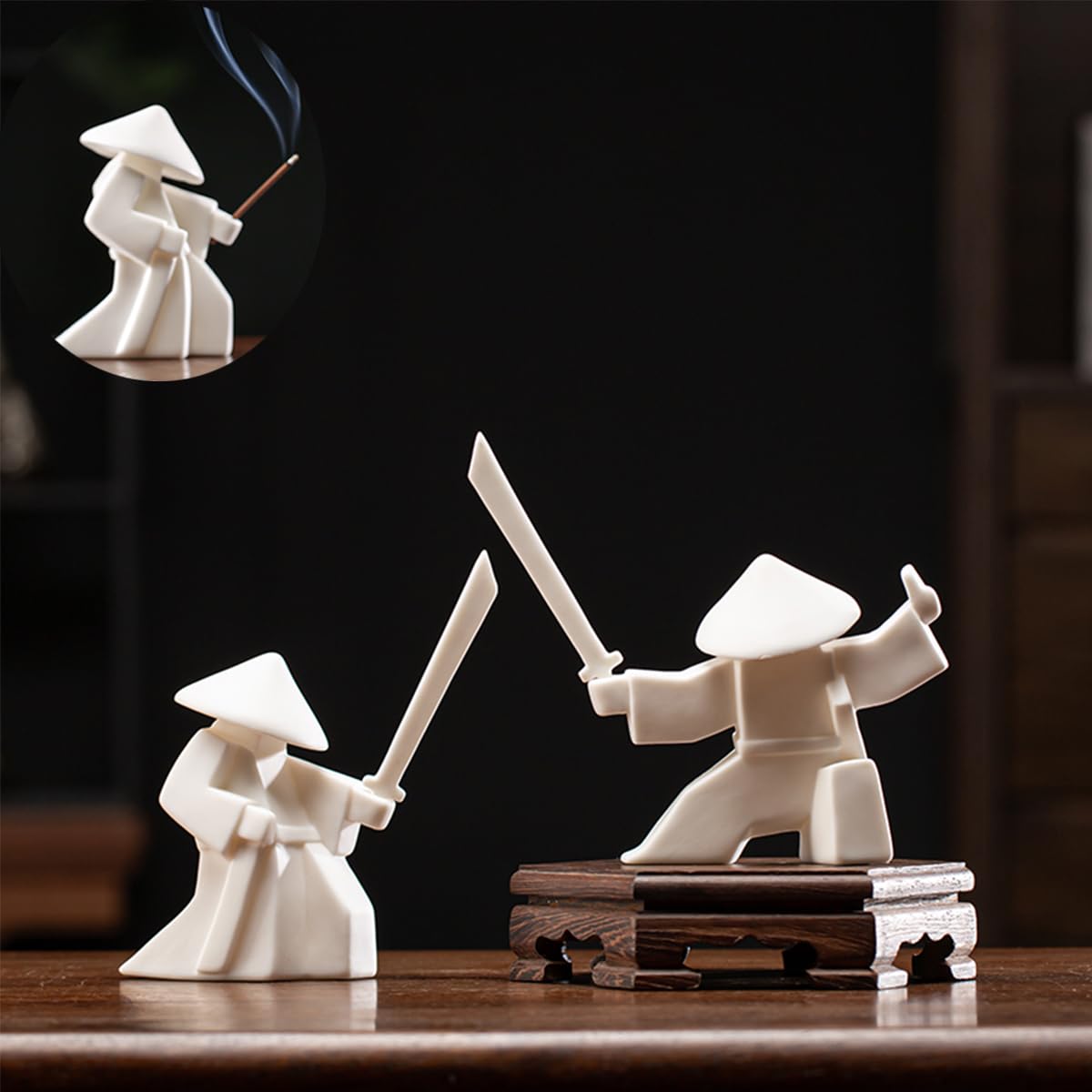 EAEDMY EAEMDY Samurai Figure Figurine Japanese Warrior Statue Decor for Table Room, Incense Holder for Stick Burner Incense Stick Holder, Kongfu Tea Pet Decoration (2. White A+B)