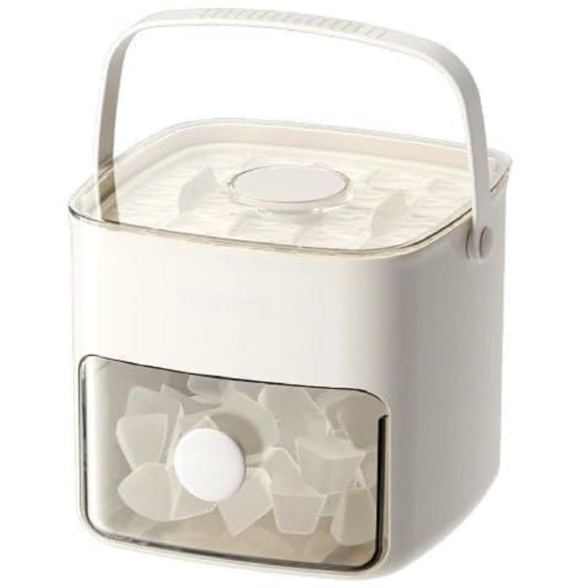 Ice Cube Maker Storage Box with Push Release Lid, Removable Ice Trays, Front Pull-Out Ice Bin, Carry Handle, Includes Scoop