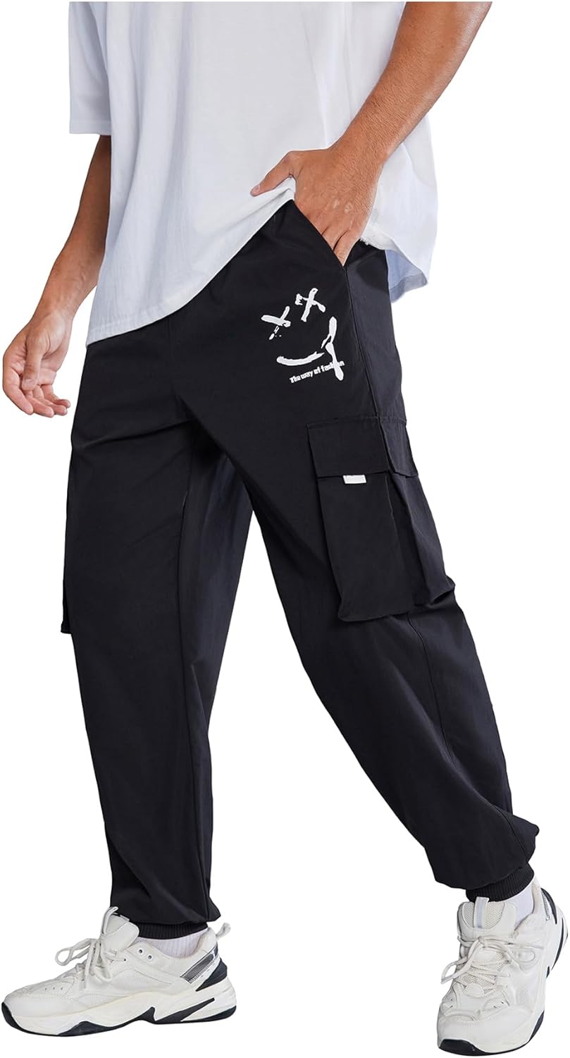 SOLY HUX Men's Sweatpants Drawstring Waist Printed Cargo Pants Street Outdoor Joggers with Pockets