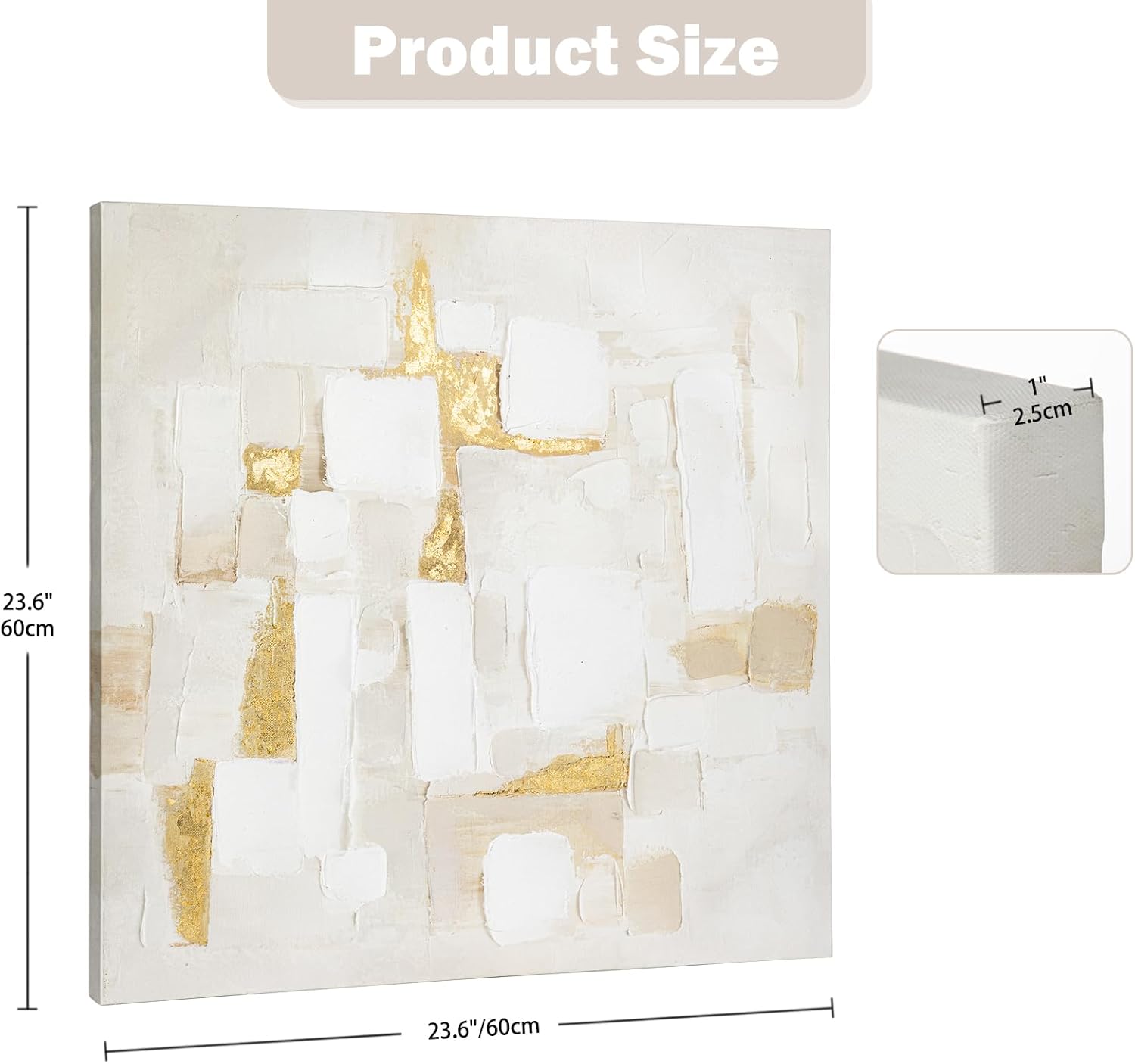 Briful Neutral Abstract Wall Art for Living Room, Textured White and Gold Canvas Wall Decor, Modern Minimalist Square Wall Art for Bedroom, Entryway, Office, Ready to Hang, 23.6" x 23.6"