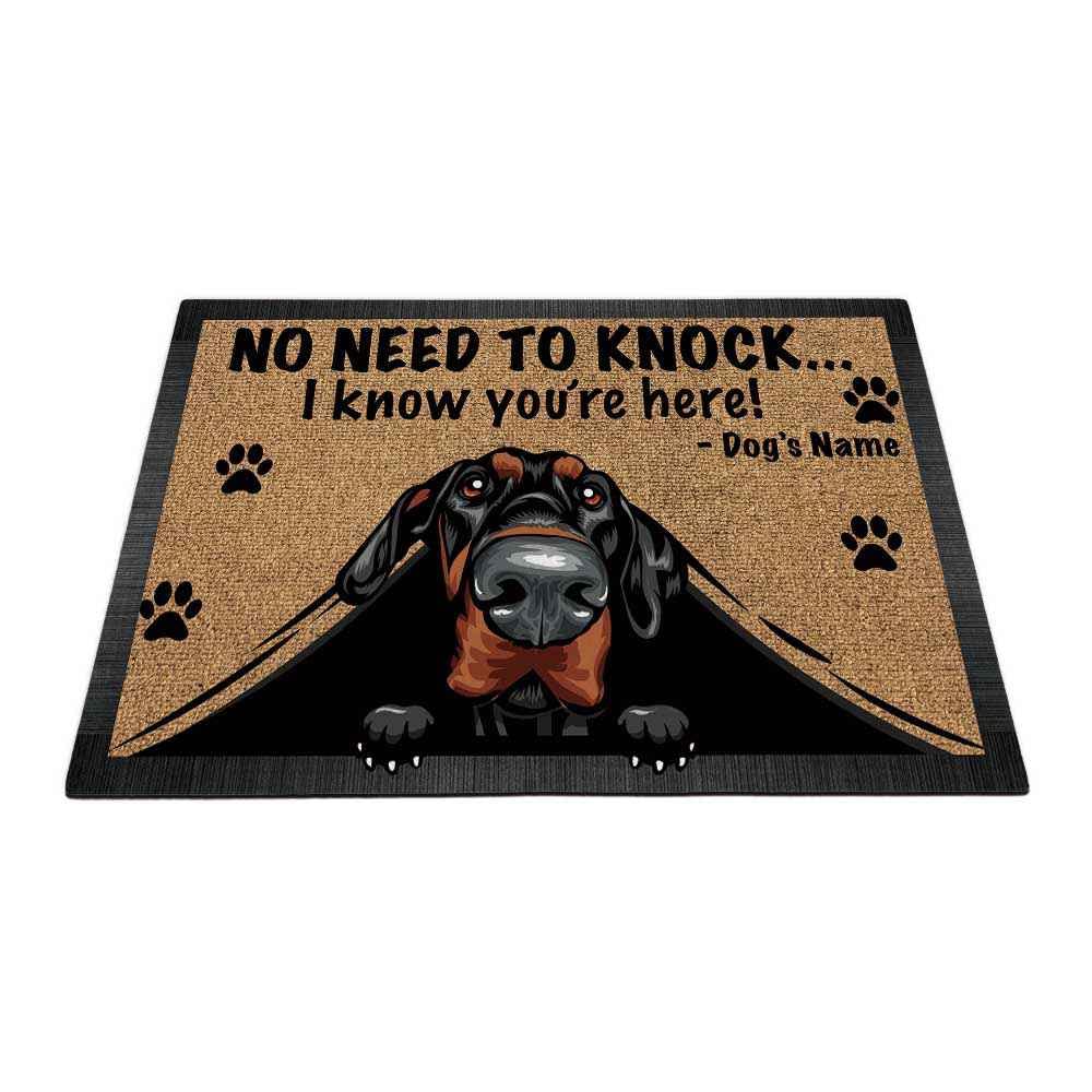 MALIHONG Personalized Doormat Peeking Dog Doberman Pinscher No Need to Knock I Konw You're Here 27.5 x 17.7 Inch