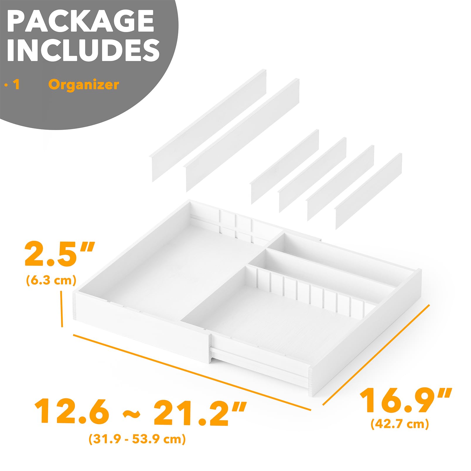 SpaceAid 6,3 cm hoher Bambus-Besteck-Schubladen-Organizer mit Etiketten, erweiterbarer Tablett-Halter für Besteck, Besteck, Löffel und Messer, Schubladenaufbewahrung (weiß)