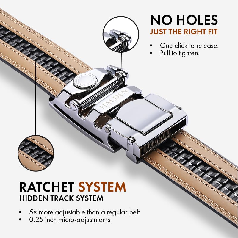 Image of HALDEN THEO Belt For Men Leather Original (Adjustable Fits Up to 44 Inch Waist) Ratchet Straps, Unique Magnetic Auto-lock Buckle Adjustable Belt For Men