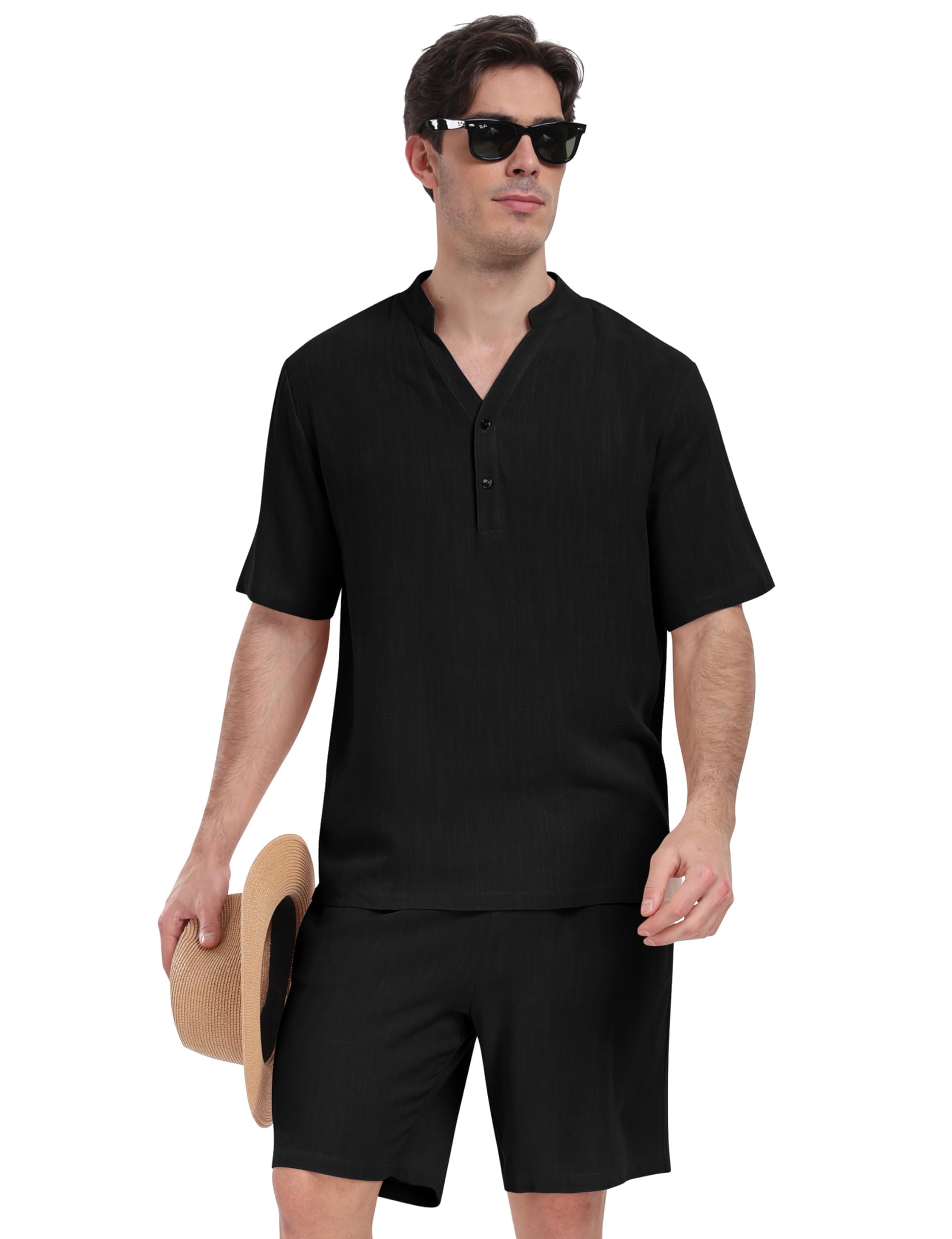 MoFiz Conjunto de Camisa y Pantalones Cortos de Algodón y Lino Para Hombre Ropa Casual de Verano Conjunto de 2 Piezas