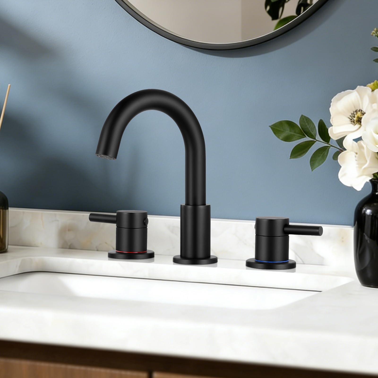 FGKQ Black Bathroom Faucet for Sink 3 Hole, Bathroom Sink Faucet with Pop Up Drain, 8 Inch Widespread Vanity Faucet 3 Hole, 360° Swivel Two Handle with Supply Lines