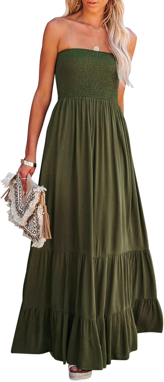 R.Vivimos Womens Summer Cotton Strapless Elastic Smocked Boho Beach Casual Flowy Maxi Tube Dresses