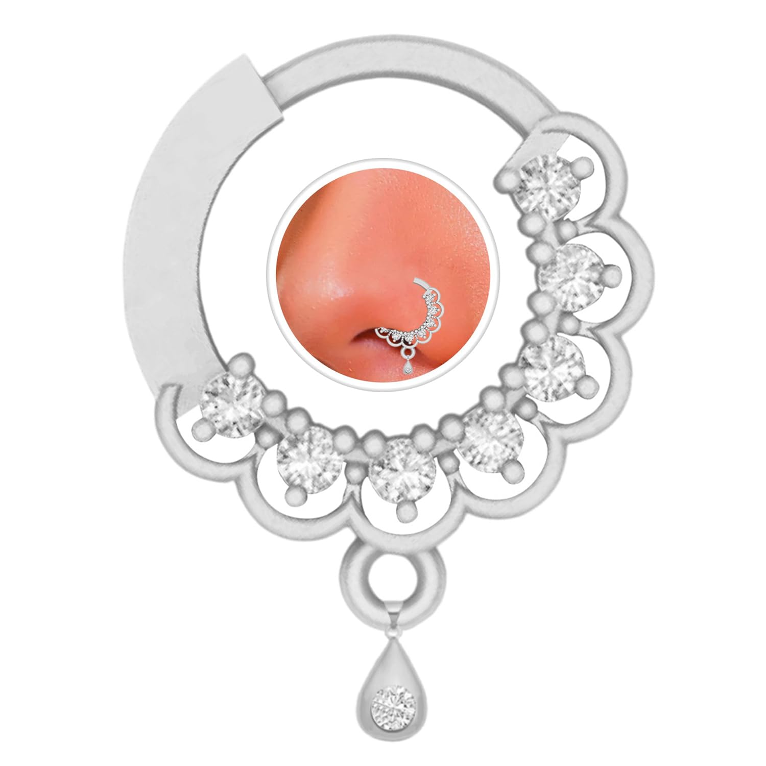American Diamond Nose Pin for Women | Nose Pin with Piercing | Floral Paisley Design | Round Silver Nose Ring for Women (Plated) | Minimal Bridal Nath for Wedding-image-35