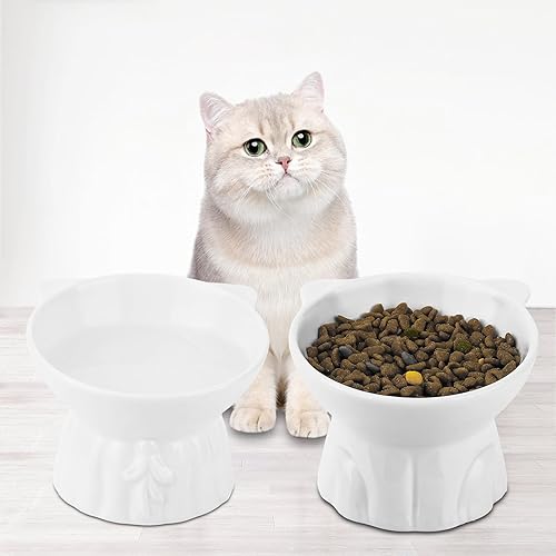 Miniatura 7 de Paquete de 2 cuencos elevados para gatos, platos elevados de cerámica para alimentos y agua para gatos, diseño extra ancho y poco profundo,