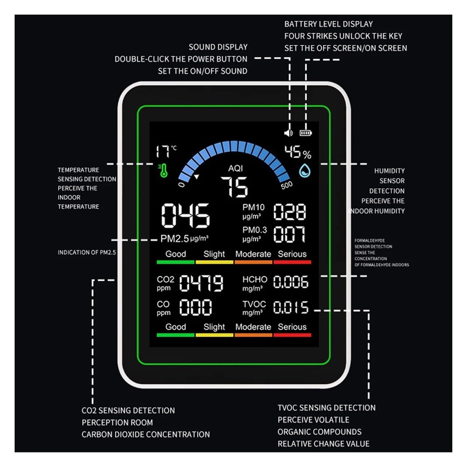 Air Quality Monitor, Monitor A Qualità 'aria 10 IN 1 Tester CO2 CO TVOC HCHO PM Rilevatore Di Formaldeide Misuratore Umidità A Temperatura Con TFT Da 2,8 Pollici(Black)