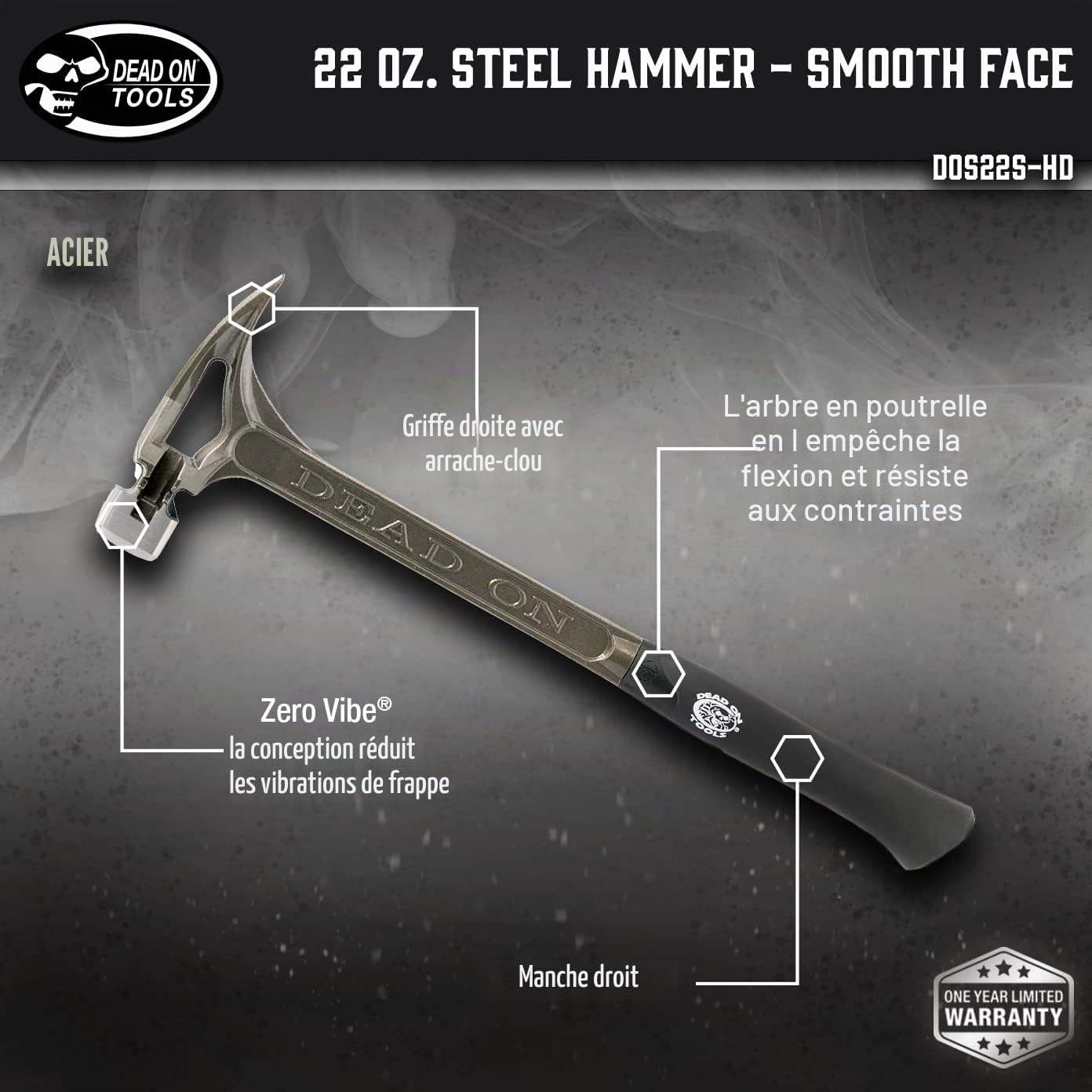 Dead On DOS22S Marteau à tête lisse en acier Argenté 623,7 g 45,7 cm
