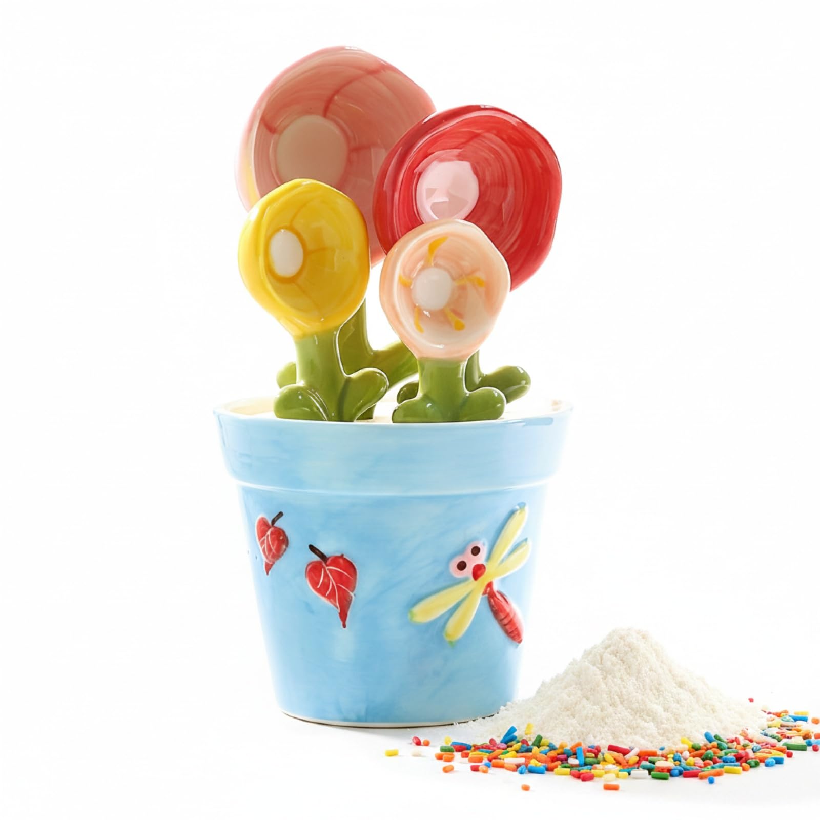 Packool Ceramic Measuring Spoon Set, Flower Pot Measuring Cup with 4 Spoon Sizes, Colorful Ceramic Kitchen Measure Set for Dry and Wet Ingredients, Baking, Cooking, and Counter Decor