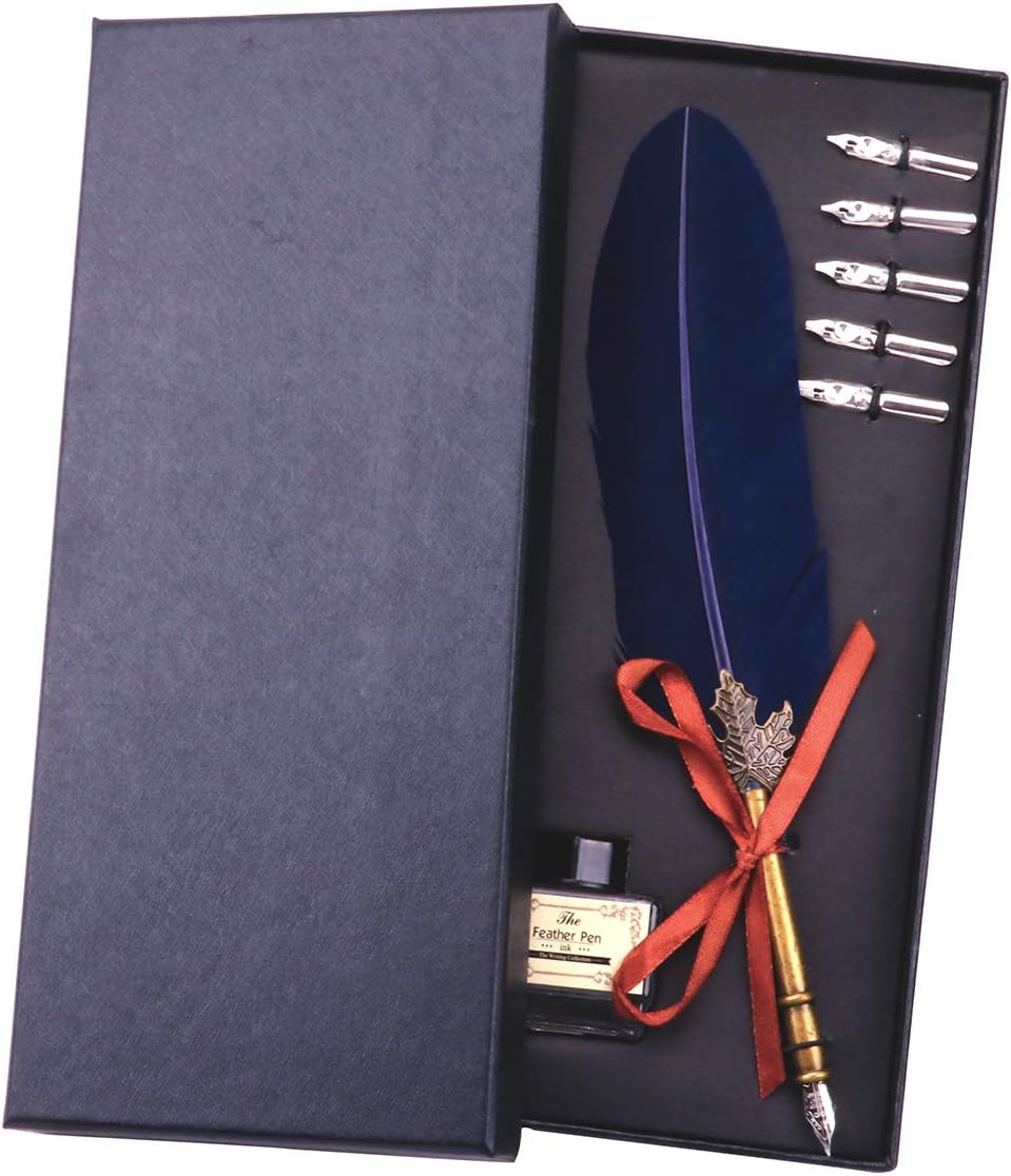 HSTYAIG Antique Feather Quill Pen Set Feather Dip Pen Calligraphy Writing Quill Pen Set for Kids Friend Birthday Present Set (Navy)