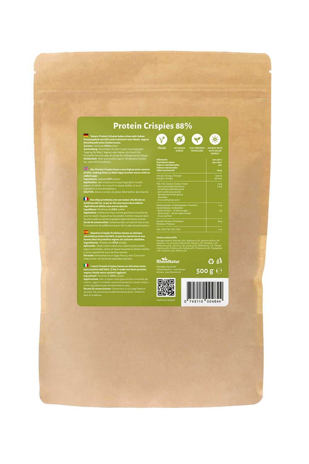 RheinNatur Crispies Proteína de soja, 88%, 500 g, fuente de proteína vegana sin azúcar añadida, cobertura crujiente para muesli, yogur y ensalada o como crujiente para platos y barras salados