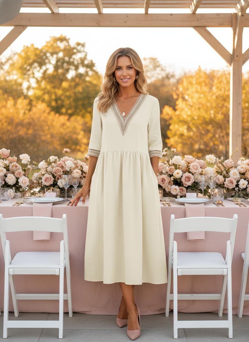 Women's Lace Trim V-Neck Midi Dress 1/2 Sleeve Belted Waist A-Line Casual Elegant Gown Flowy Skirt with Pockets - Image 4