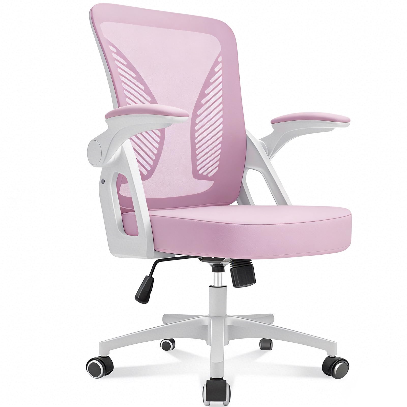 Durrafy Ergonomic Office Chair, Desk Chair with 90° Flip-up Armrests, Lumbar Support & Height Adjustable, Breathable Swivel Computer Chair with Tilt Function, Mid-Back Mesh Chair (Pink)