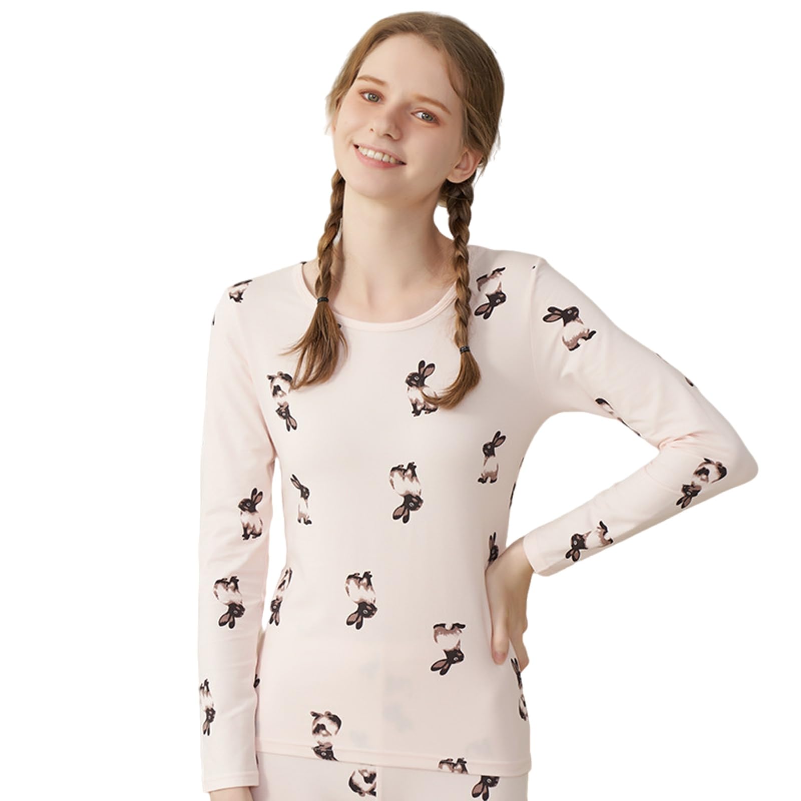 MEOKIM Women's Thermal Underwear Set Kawaii Printed Underwear Shirt Soft Wool Lining Long Shirt Thermal Bottom and top (rabbit,Medium)