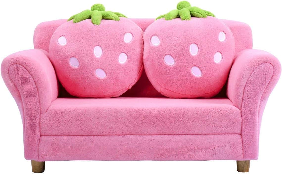 Blасk Frіdау - 60% оƒƒ HONEY JOY Toddler Couch with Two Strawberry Pillows, Children Upholstered Loveseat Lounge Bed, Coral Fleece Surface & Studry Wood Frame, Double Seat Kid Sofa for Playroom Bedroom (Pink)