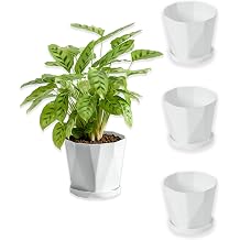 4-Pack Plant Pot, 5 Inch Plastic Flower Pots with Drainage Hole and Saucer, Plastic Planters for Indoor Outdoor Garden Plants, Flowers and Succulents White