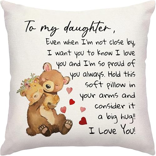 RABUSOFA Funda de almohada de 18 x 18 pulgadas con texto en inglés "To My Daughter", funda de cojín de cumpleaños de mamá papá