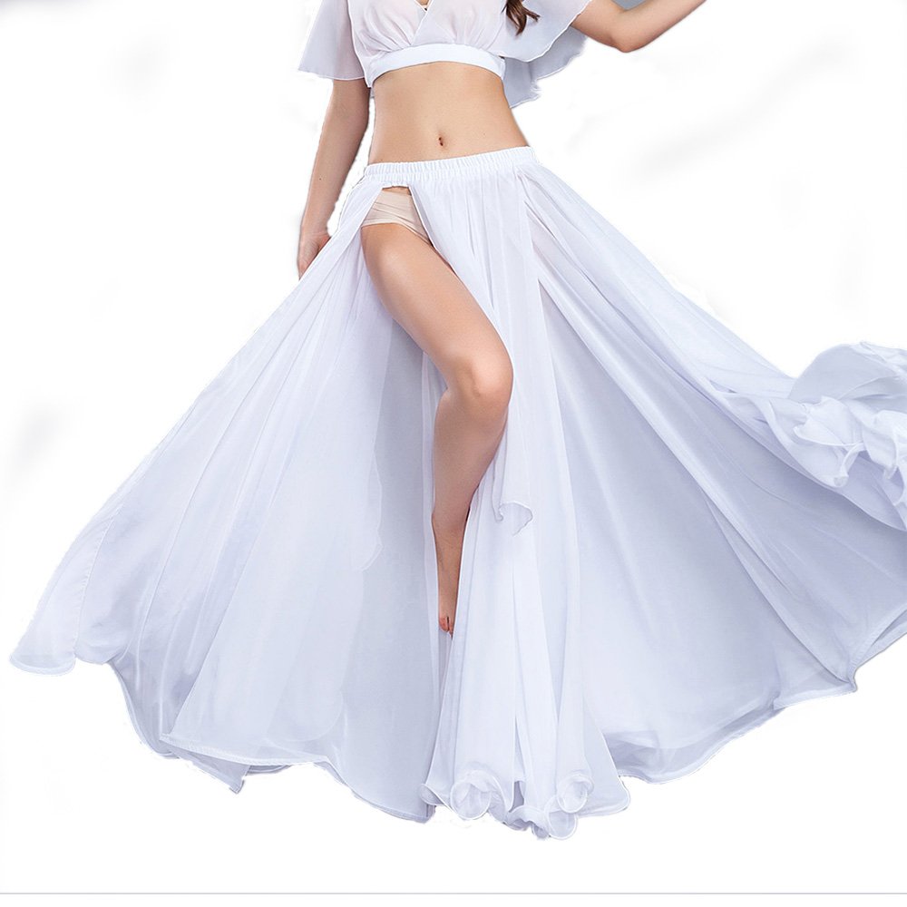 ROYAL SMEELA Chiffon Belly Dance Skirt Slit Long Belly Dancing Skirt Tribal Bellydance Skirts Belly Dance Costume for Women White