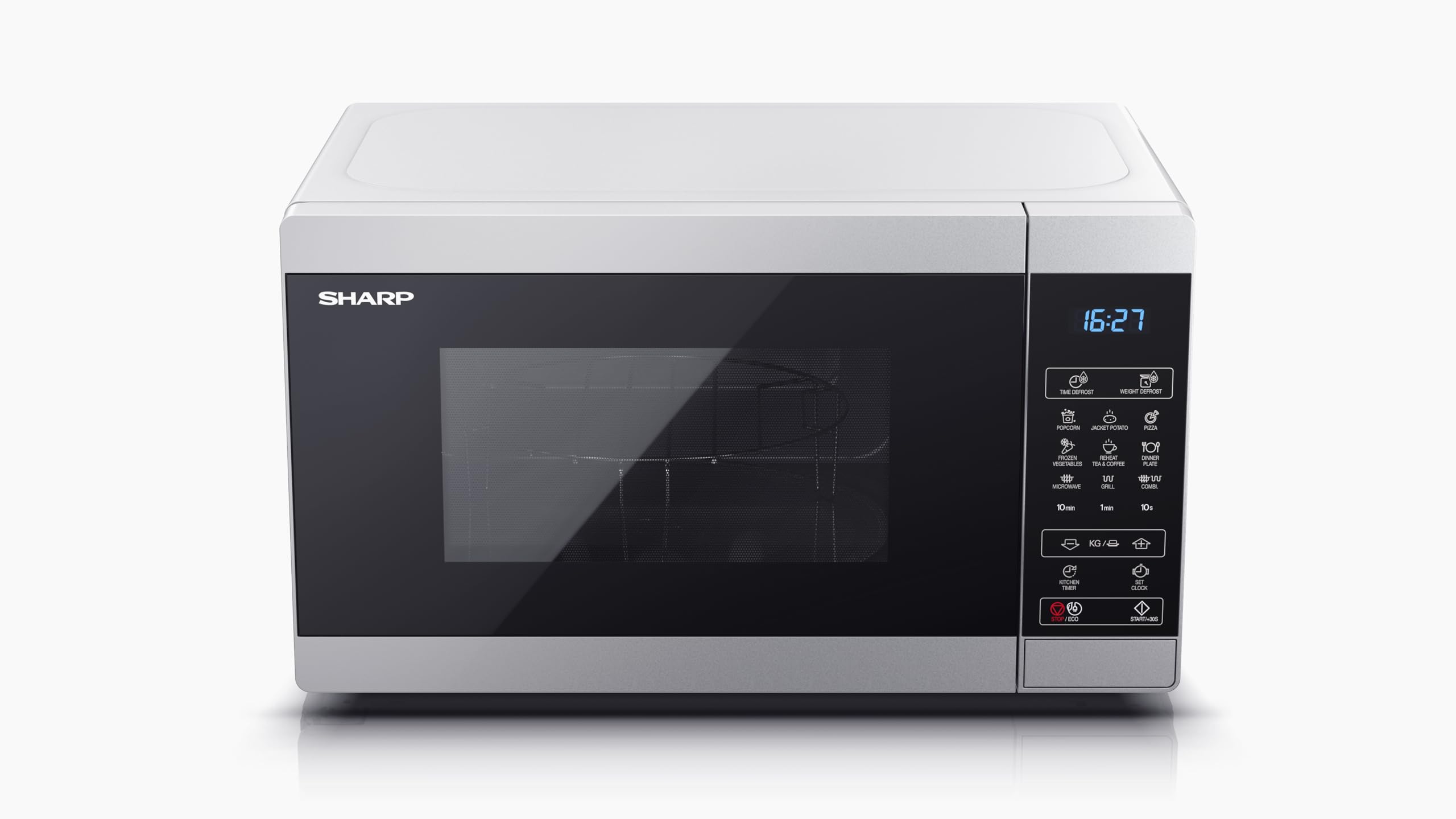 SHARP YC-MG02ES Kuchenka mikrofalowa, 20 l, z funkcją grillowania, programem rozmrażania, 11 poziomów mocy, funkcja timera, płyta obrotowa w zestawie