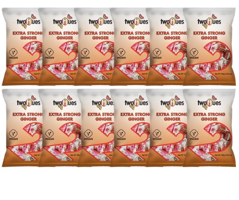 Two Hues Extra Strong Ginger Sweets 100g | BOX OF 12 | Ginger Candy | VEGAN | Gluten FREE.