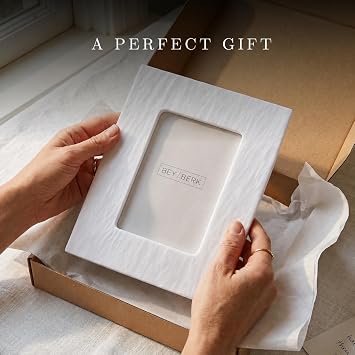 Bey-Berk Talin White Marble 5 x 7 Photo Frame with Easel Stand, Genuine Stone Picture Holder, Vertical or Horizontal Display
