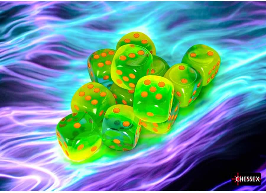 Plasma Green and Teal Gemini Luminary Dice with Orange Pips D6 16mm (5/8in) Pack of 12 Chessex