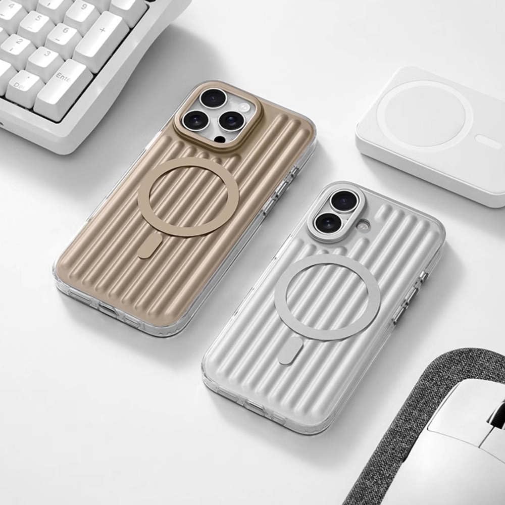 Custodia a cuscino d'aria con ventosa magnetica a strisce metalliche compatibile con iPhone 16, 15, 14 e 13 Pro Max, color oro deserto, per iPhone 15 Pro Max