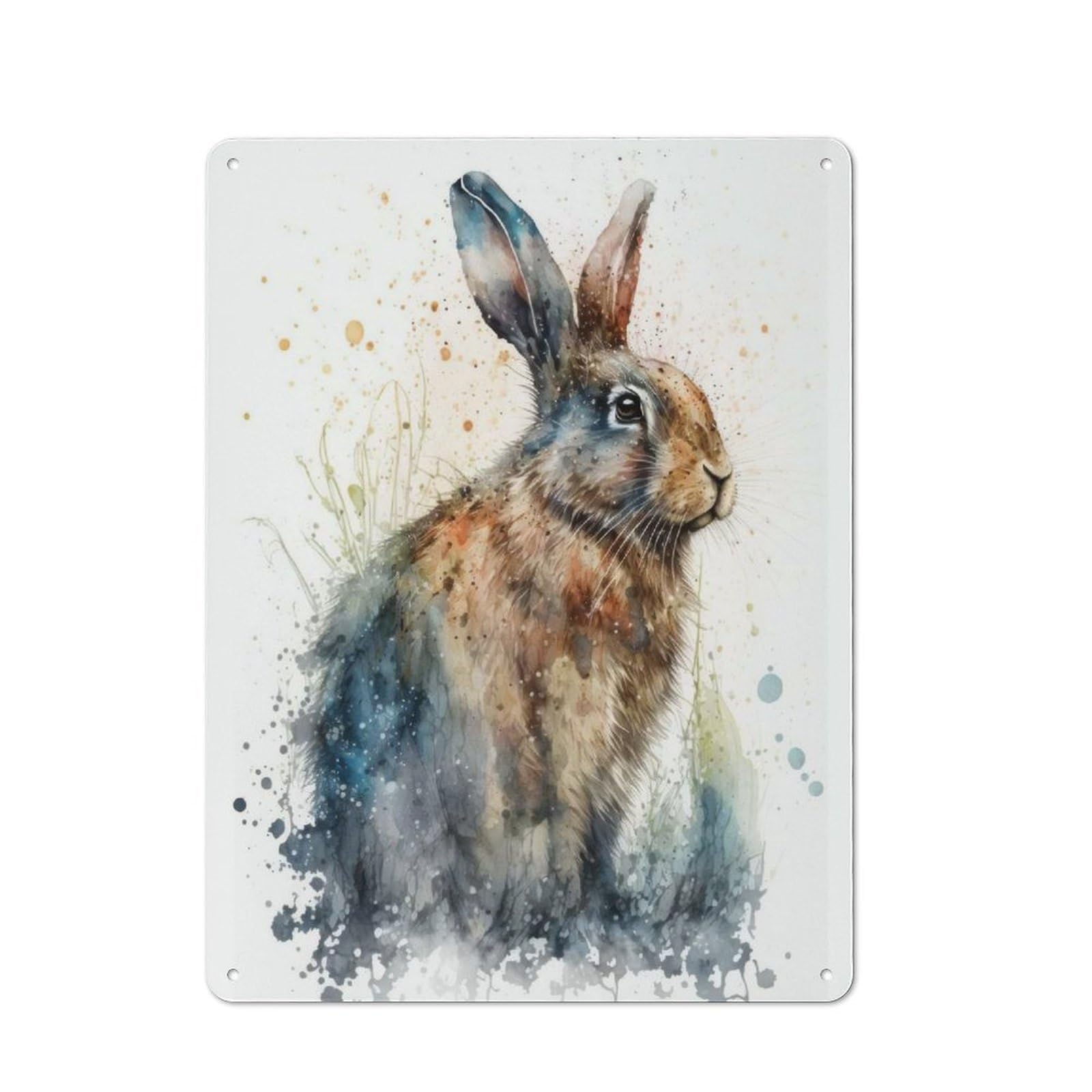 Junmoney Rabbit Watercolor Painting Rustic Tin Sign 40X30cm Featuring For Bar Or Restaurant, Seasonal Metal Wall Decor For Autumn Interiors