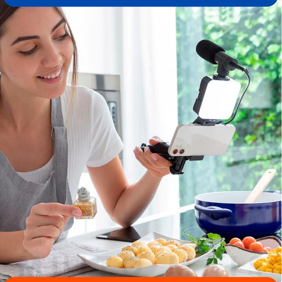 Kit de Gravação Completo com Tripé, Luz LED e Suporte para Celular – Ideal para Vlogs, Lives e Vídeos Profissionais Tripé com Luz LED e Microfone para Celular – Kit Vlogging Profissional Premium