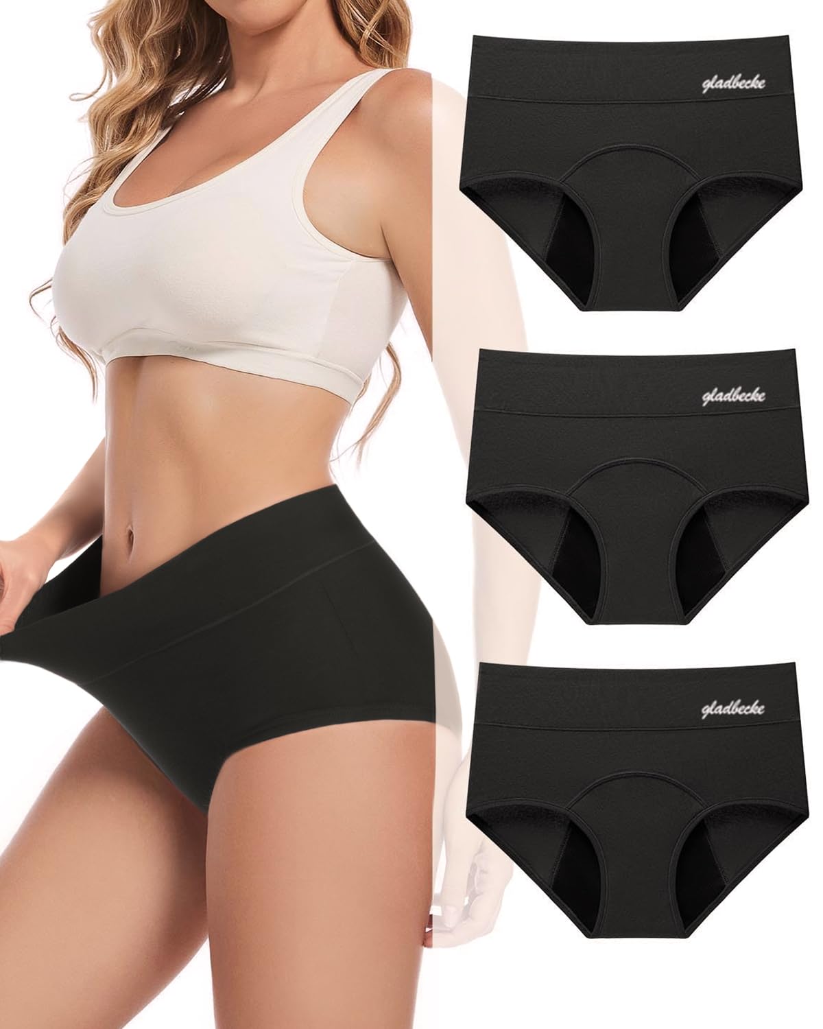 Gladbecke Periodenunterwäsche Starke Blutung, Unterhosen Damen Baumwolle 60ML Lecksicher, Hohe Taille, 3er Pack,L