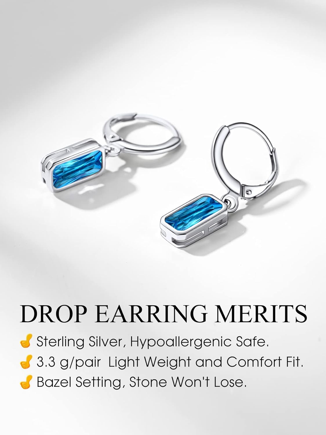 Bestyle Sterling Silver Small Dainty Birthstone Drop Earrings for Women with Rectangular Baguette Crystal & Huggie Hoop Silver Dangle Earring for Wedding Birthday Everyday Wear - Image 5