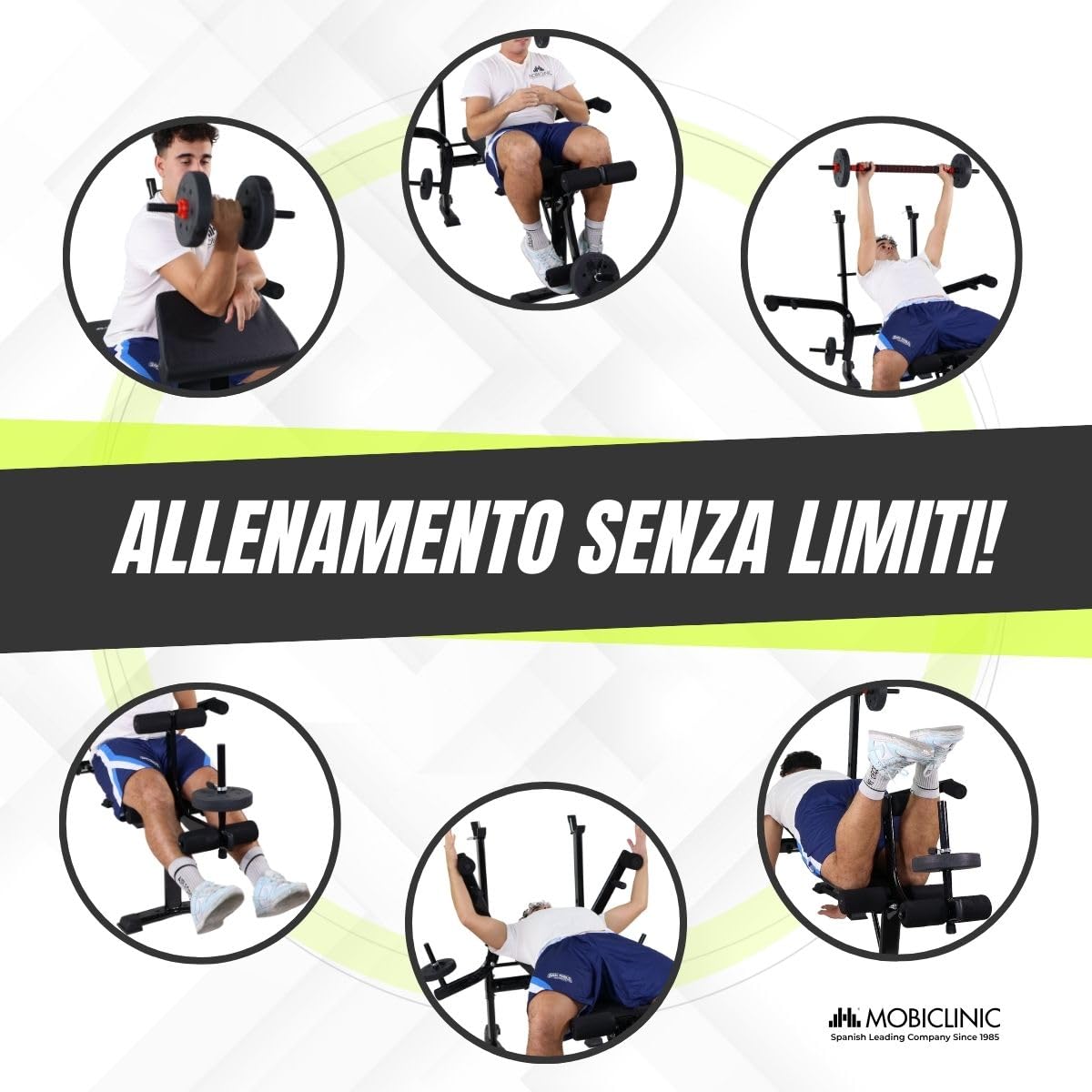 Mobiclinic® fitness, Panca palestra multifunzione, Pressfit, Regolabile, Pieghevole, Acciaio, Supporta fino a 250 kg, Supporto per barre, Ideale esercizi di forza casa